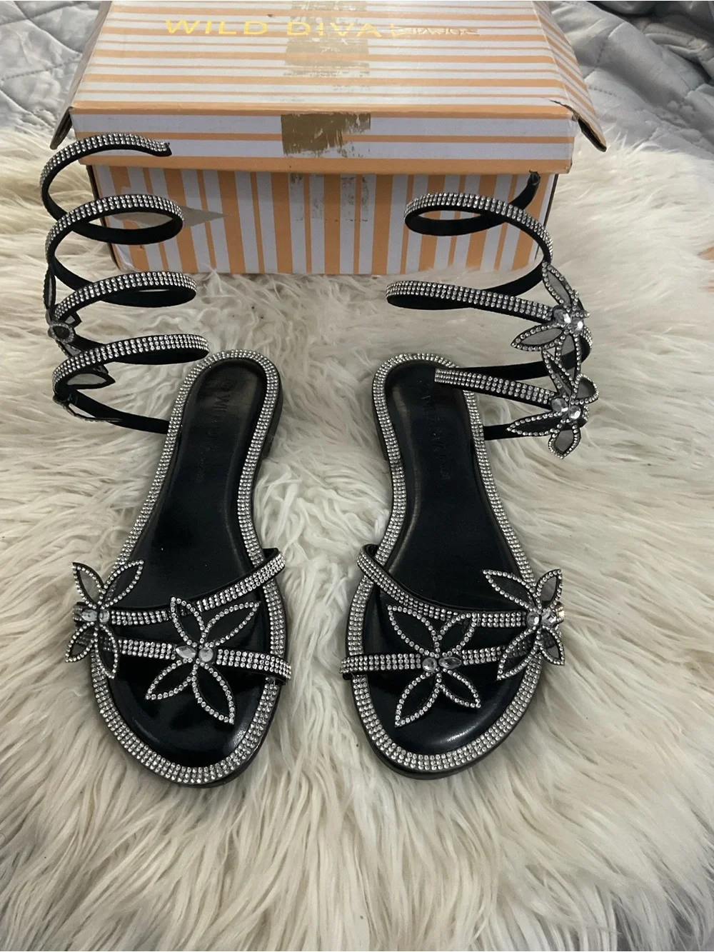 Wild Diva Black Rhinestone Floral Wrap Sandals